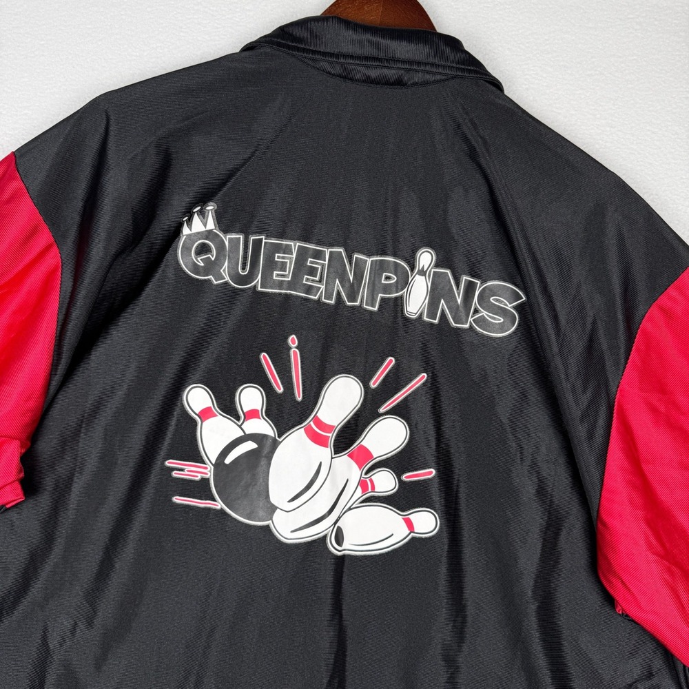 Vtg Cruisin USA Bowling Shirt Mens XL Red Black Satin Queenpins Jeff Button Up